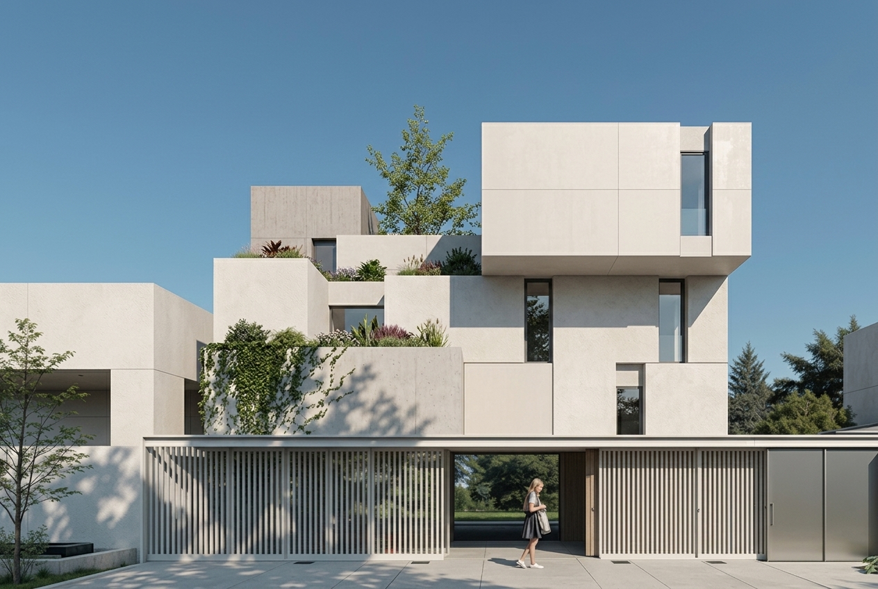 Photorealistic architectural exterior render enhanced from a Revit 3D model by ReRender AI, showing accurate materials and lighting
