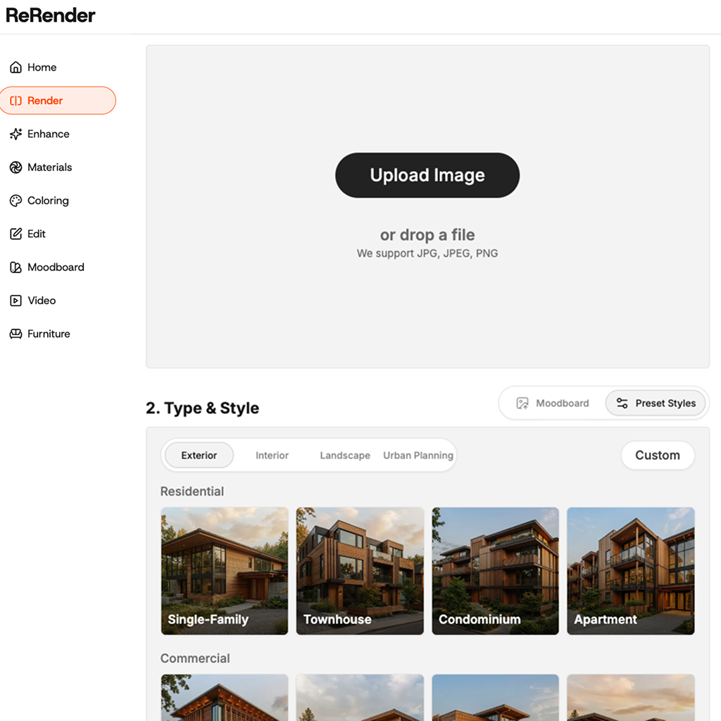Upload and Select Your Building Type and Style
