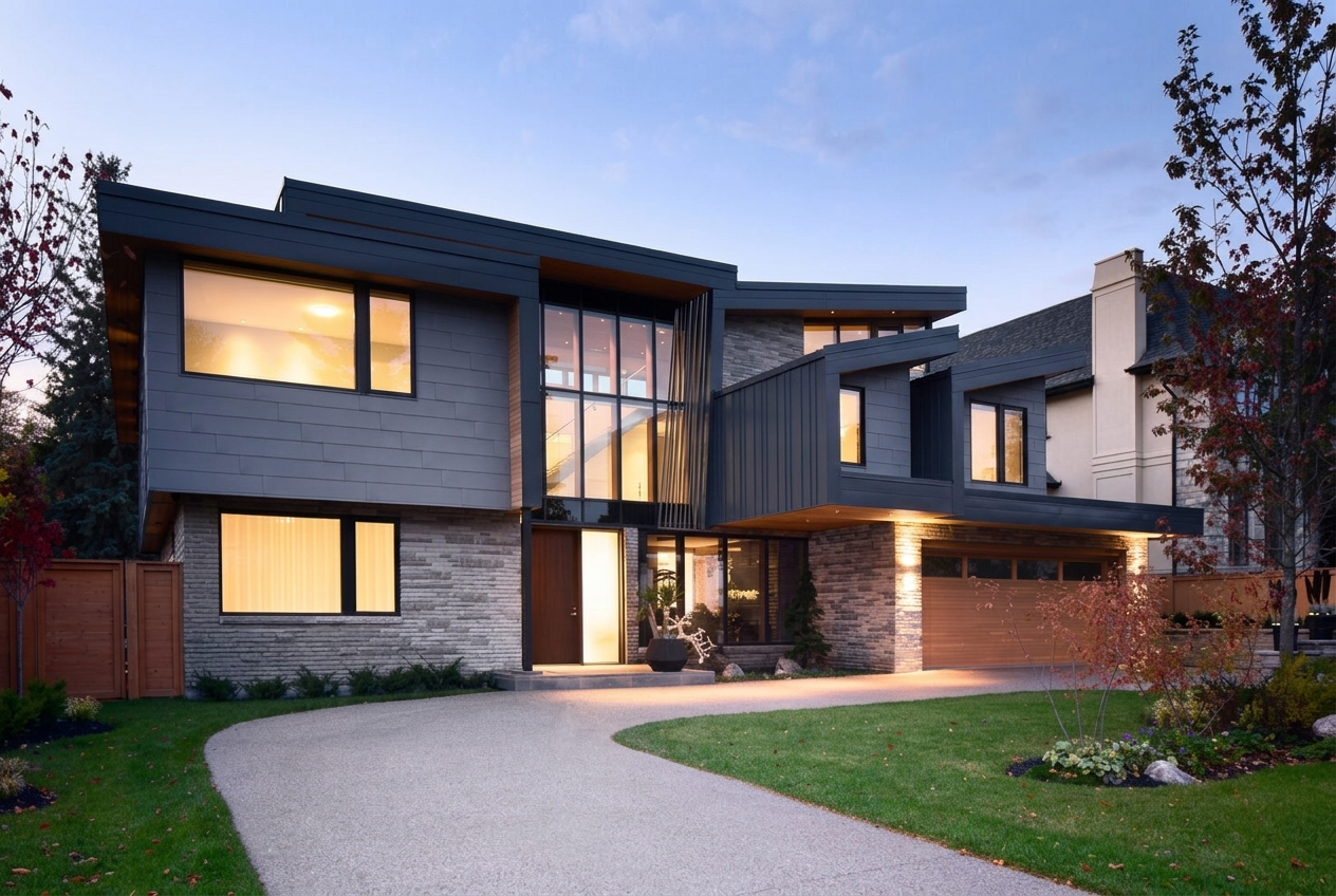 Photorealistic architectural exterior render enhanced from an ArchiCAD 3D model by ReRender AI, showing accurate materials and lighting